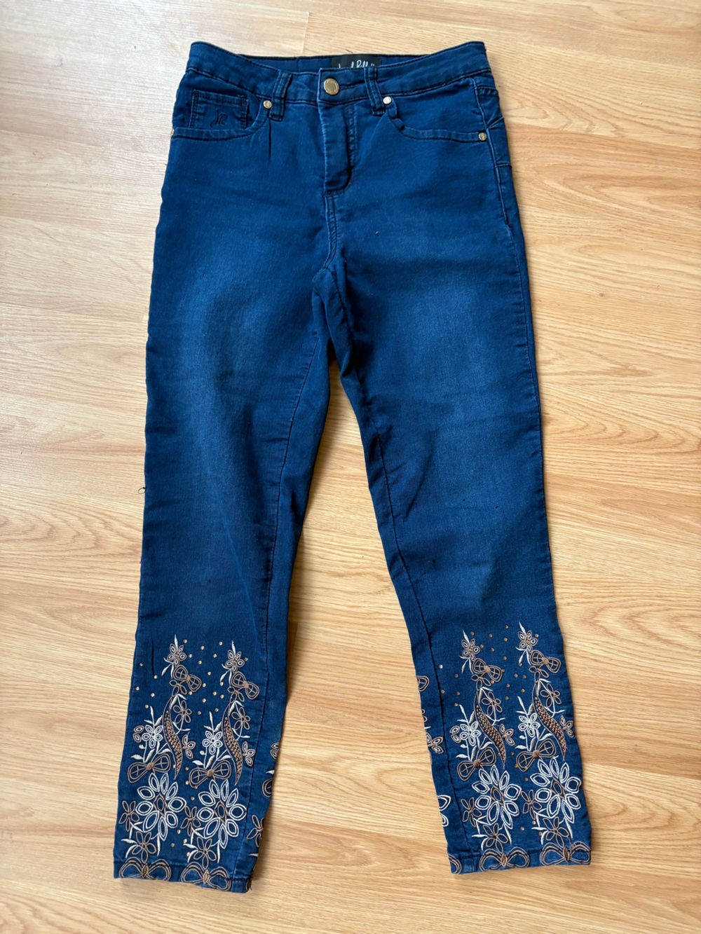 Joseph Ribkoff Navy Jeans with Metallic Floral Embroidery Sz 8